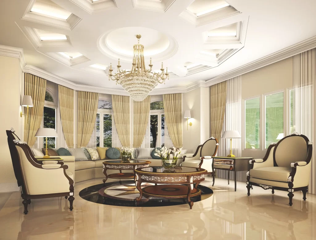 Luxury modern living room with elegant sofa, marble coffee table, large windows, and warm ambient lighting.